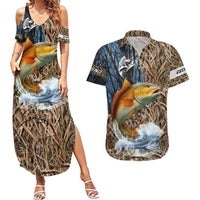 Redfish Splashing in Marsh Grass Couples Matching Summer Maxi Dress and Hawaiian Shirt Custom Name and Nature Background Design - Wonder Print Shop