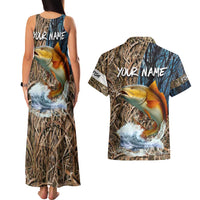 Redfish Splashing in Marsh Grass Couples Matching Tank Maxi Dress and Hawaiian Shirt Custom Name and Nature Background Design - Wonder Print Shop