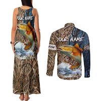 Redfish Splashing in Marsh Grass Couples Matching Tank Maxi Dress and Long Sleeve Button Shirt Custom Name and Nature Background Design - Wonder Print Shop