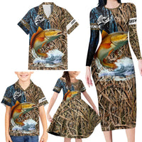 Redfish Splashing in Marsh Grass Family Matching Long Sleeve Bodycon Dress and Hawaiian Shirt Custom Name and Nature Background Design - Wonder Print Shop