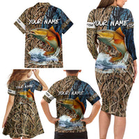Redfish Splashing in Marsh Grass Family Matching Long Sleeve Bodycon Dress and Hawaiian Shirt Custom Name and Nature Background Design - Wonder Print Shop