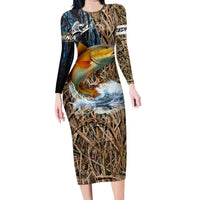 Redfish Splashing in Marsh Grass Family Matching Long Sleeve Bodycon Dress and Hawaiian Shirt Custom Name and Nature Background Design - Wonder Print Shop