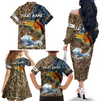 Redfish Splashing in Marsh Grass Family Matching Off The Shoulder Long Sleeve Dress and Hawaiian Shirt Custom Name and Nature Background Design - Wonder Print Shop