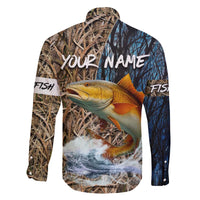 Redfish Splashing in Marsh Grass Family Matching Off The Shoulder Long Sleeve Dress and Hawaiian Shirt Custom Name and Nature Background Design - Wonder Print Shop