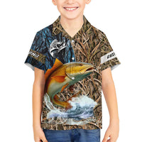 Redfish Splashing in Marsh Grass Family Matching Off Shoulder Short Dress and Hawaiian Shirt Custom Name and Nature Background Design - Wonder Print Shop