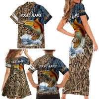 Redfish Splashing in Marsh Grass Family Matching Short Sleeve Bodycon Dress and Hawaiian Shirt Custom Name and Nature Background Design - Wonder Print Shop
