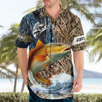 Redfish Splashing in Marsh Grass Hawaiian Shirt Custom Name and Nature Background Design - Wonder Print Shop