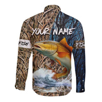 Redfish Splashing in Marsh Grass Long Sleeve Button Shirt Custom Name and Nature Background Design - Wonder Print Shop