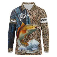 Redfish Splashing in Marsh Grass Long Sleeve Polo Shirt Custom Name and Nature Background Design - Wonder Print Shop