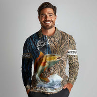 Redfish Splashing in Marsh Grass Long Sleeve Polo Shirt Custom Name and Nature Background Design - Wonder Print Shop