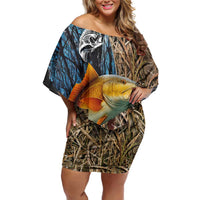 Redfish Splashing in Marsh Grass Off Shoulder Short Dress Custom Name and Nature Background Design - Wonder Print Shop
