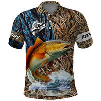 Redfish Splashing in Marsh Grass Polo Shirt Custom Name and Nature Background Design - Wonder Print Shop