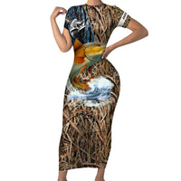 Redfish Splashing in Marsh Grass Short Sleeve Bodycon Dress Custom Name and Nature Background Design - Wonder Print Shop