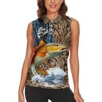 Redfish Splashing in Marsh Grass Women Sleeveless Polo Shirt Custom Name and Nature Background Design - Wonder Print Shop