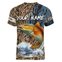 Redfish Splashing in Marsh Grass Women V-Neck T-Shirt Custom Name and Nature Background Design - Wonder Print Shop