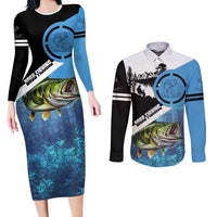 Largemouth Bass Fishing Underwater Graphic Couples Matching Long Sleeve Bodycon Dress and Long Sleeve Button Shirt Mountain Silhouette and Custom Name Design - Wonder Print Shop