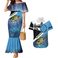 Largemouth Bass Fishing Underwater Graphic Couples Matching Mermaid Dress and Hawaiian Shirt Mountain Silhouette and Custom Name Design - Wonder Print Shop
