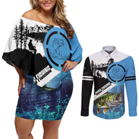 Largemouth Bass Fishing Underwater Graphic Couples Matching Off Shoulder Short Dress and Long Sleeve Button Shirt Mountain Silhouette and Custom Name Design - Wonder Print Shop
