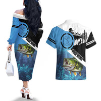 Largemouth Bass Fishing Underwater Graphic Couples Matching Off The Shoulder Long Sleeve Dress and Hawaiian Shirt Mountain Silhouette and Custom Name Design - Wonder Print Shop