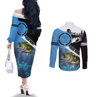 Largemouth Bass Fishing Underwater Graphic Couples Matching Off The Shoulder Long Sleeve Dress and Long Sleeve Button Shirt Mountain Silhouette and Custom Name Design - Wonder Print Shop