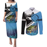 Largemouth Bass Fishing Underwater Graphic Couples Matching Puletasi and Long Sleeve Button Shirt Mountain Silhouette and Custom Name Design - Wonder Print Shop