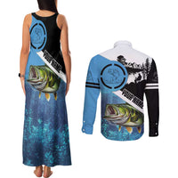 Largemouth Bass Fishing Underwater Graphic Couples Matching Tank Maxi Dress and Long Sleeve Button Shirt Mountain Silhouette and Custom Name Design - Wonder Print Shop