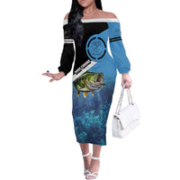 Largemouth Bass Fishing Underwater Graphic Family Matching Off The Shoulder Long Sleeve Dress and Hawaiian Shirt Mountain Silhouette and Custom Name Design - Wonder Print Shop