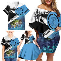 Largemouth Bass Fishing Underwater Graphic Family Matching Off Shoulder Short Dress and Hawaiian Shirt Mountain Silhouette and Custom Name Design - Wonder Print Shop