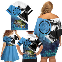 Largemouth Bass Fishing Underwater Graphic Family Matching Off Shoulder Short Dress and Hawaiian Shirt Mountain Silhouette and Custom Name Design - Wonder Print Shop