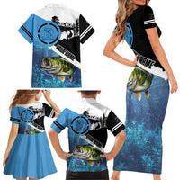 Largemouth Bass Fishing Underwater Graphic Family Matching Short Sleeve Bodycon Dress and Hawaiian Shirt Mountain Silhouette and Custom Name Design - Wonder Print Shop