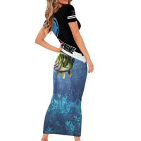 Largemouth Bass Fishing Underwater Graphic Family Matching Short Sleeve Bodycon Dress and Hawaiian Shirt Mountain Silhouette and Custom Name Design - Wonder Print Shop