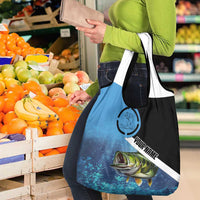 Largemouth Bass Fishing Underwater Graphic Grocery Bag Mountain Silhouette and Custom Name Design - Wonder Print Shop