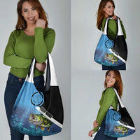 Largemouth Bass Fishing Underwater Graphic Grocery Bag Mountain Silhouette and Custom Name Design - Wonder Print Shop