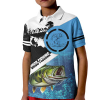 Largemouth Bass Fishing Underwater Graphic Kid Polo Shirt Mountain Silhouette and Custom Name Design - Wonder Print Shop