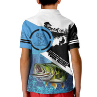 Largemouth Bass Fishing Underwater Graphic Kid Polo Shirt Mountain Silhouette and Custom Name Design - Wonder Print Shop
