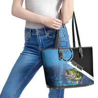 Largemouth Bass Fishing Underwater Graphic Leather Tote Bag Mountain Silhouette and Custom Name Design - Wonder Print Shop
