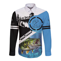 Largemouth Bass Fishing Underwater Graphic Long Sleeve Button Shirt Mountain Silhouette and Custom Name Design - Wonder Print Shop