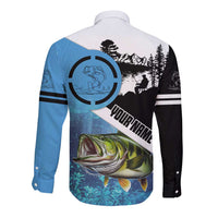 Largemouth Bass Fishing Underwater Graphic Long Sleeve Button Shirt Mountain Silhouette and Custom Name Design - Wonder Print Shop