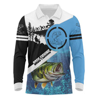 Largemouth Bass Fishing Underwater Graphic Long Sleeve Polo Shirt Mountain Silhouette and Custom Name Design - Wonder Print Shop