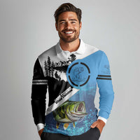Largemouth Bass Fishing Underwater Graphic Long Sleeve Polo Shirt Mountain Silhouette and Custom Name Design - Wonder Print Shop