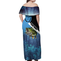 Largemouth Bass Fishing Underwater Graphic Off Shoulder Maxi Dress Mountain Silhouette and Custom Name Design - Wonder Print Shop