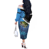 Largemouth Bass Fishing Underwater Graphic Off The Shoulder Long Sleeve Dress Mountain Silhouette and Custom Name Design - Wonder Print Shop
