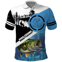 Largemouth Bass Fishing Underwater Graphic Polo Shirt Mountain Silhouette and Custom Name Design - Wonder Print Shop