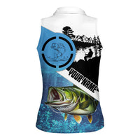 Largemouth Bass Fishing Underwater Graphic Women Sleeveless Polo Shirt Mountain Silhouette and Custom Name Design - Wonder Print Shop