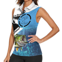 Largemouth Bass Fishing Underwater Graphic Women Sleeveless Polo Shirt Mountain Silhouette and Custom Name Design - Wonder Print Shop