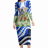 Honduras Independence Day Long Sleeve Bodycon Dress Mayan Temple White Orchid Patriotic