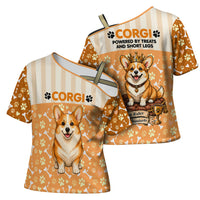 Corgi Powered By Treats And Short Legs Cross Shoulder Shirt Royal Crown Low Rider Funny Dog Quote Paw
