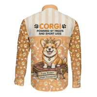 Corgi Powered By Treats And Short Legs Long Sleeve Button Shirt Royal Crown Low Rider Funny Dog Quote Paw