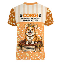 Corgi Powered By Treats And Short Legs Women V-Neck T-Shirt Royal Crown Low Rider Funny Dog Quote Paw