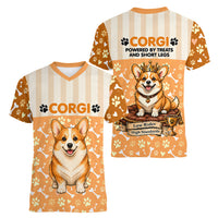 Corgi Powered By Treats And Short Legs Women V-Neck T-Shirt Royal Crown Low Rider Funny Dog Quote Paw